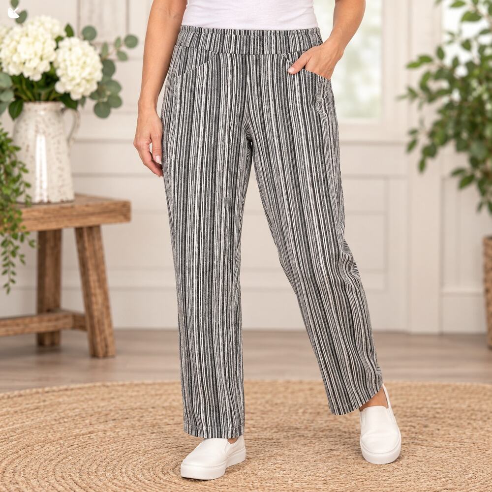 CHICO'S Travelers Pull On Straight Leg Pants 0.5R Small Black Stripe Stretch